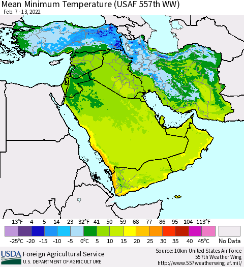Middle East and Turkey Mean Minimum Temperature (USAF 557th WW) Thematic Map For 2/7/2022 - 2/13/2022