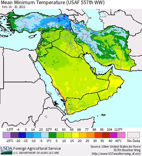 Middle East and Turkey Mean Minimum Temperature (USAF 557th WW) Thematic Map For 2/14/2022 - 2/20/2022