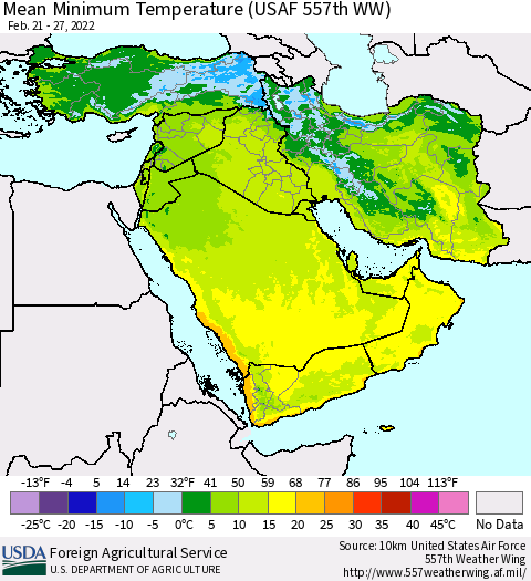 Middle East and Turkey Mean Minimum Temperature (USAF 557th WW) Thematic Map For 2/21/2022 - 2/27/2022
