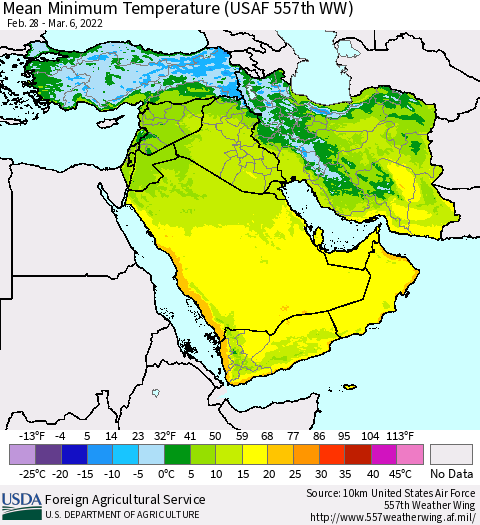 Middle East and Turkey Mean Minimum Temperature (USAF 557th WW) Thematic Map For 2/28/2022 - 3/6/2022