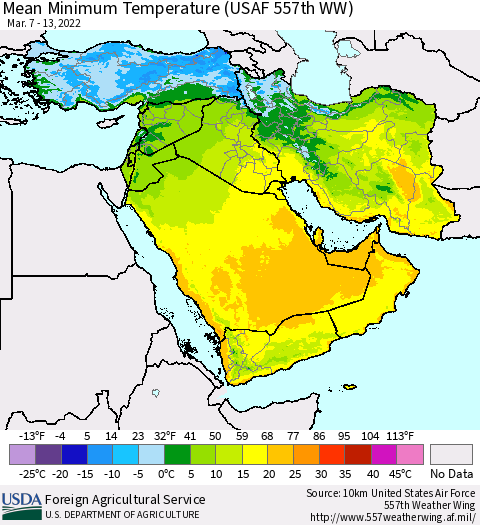 Middle East and Turkey Mean Minimum Temperature (USAF 557th WW) Thematic Map For 3/7/2022 - 3/13/2022