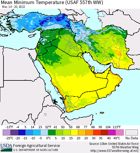 Middle East and Turkey Mean Minimum Temperature (USAF 557th WW) Thematic Map For 3/14/2022 - 3/20/2022