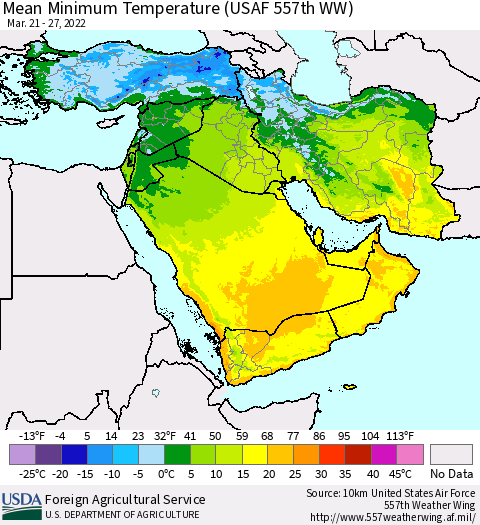 Middle East and Turkey Mean Minimum Temperature (USAF 557th WW) Thematic Map For 3/21/2022 - 3/27/2022