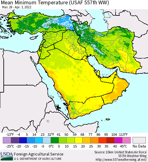 Middle East and Turkey Mean Minimum Temperature (USAF 557th WW) Thematic Map For 3/28/2022 - 4/3/2022