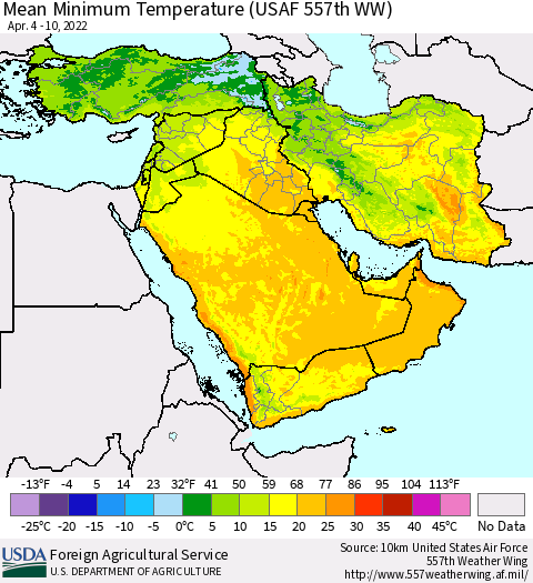 Middle East and Turkey Mean Minimum Temperature (USAF 557th WW) Thematic Map For 4/4/2022 - 4/10/2022