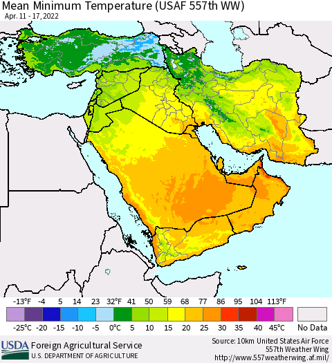 Middle East and Turkey Mean Minimum Temperature (USAF 557th WW) Thematic Map For 4/11/2022 - 4/17/2022