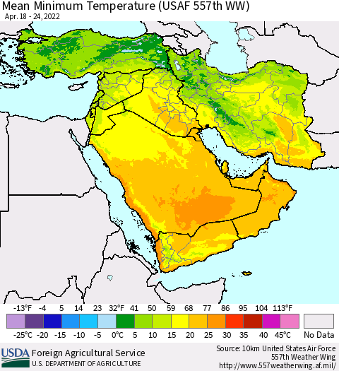 Middle East and Turkey Mean Minimum Temperature (USAF 557th WW) Thematic Map For 4/18/2022 - 4/24/2022
