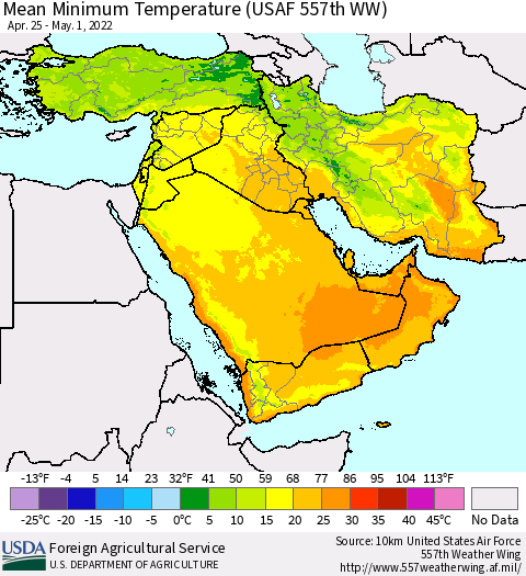 Middle East and Turkey Mean Minimum Temperature (USAF 557th WW) Thematic Map For 4/25/2022 - 5/1/2022