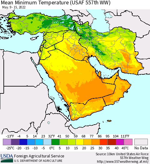Middle East and Turkey Mean Minimum Temperature (USAF 557th WW) Thematic Map For 5/9/2022 - 5/15/2022