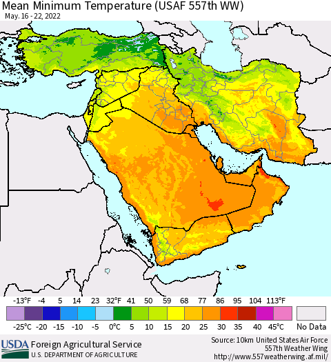 Middle East and Turkey Mean Minimum Temperature (USAF 557th WW) Thematic Map For 5/16/2022 - 5/22/2022