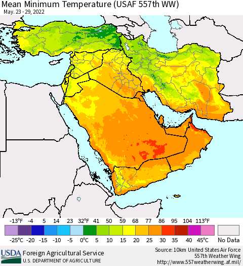 Middle East and Turkey Mean Minimum Temperature (USAF 557th WW) Thematic Map For 5/23/2022 - 5/29/2022