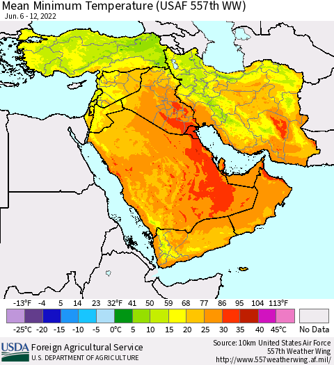 Middle East and Turkey Mean Minimum Temperature (USAF 557th WW) Thematic Map For 6/6/2022 - 6/12/2022
