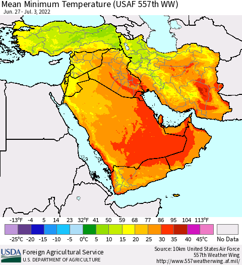 Middle East and Turkey Mean Minimum Temperature (USAF 557th WW) Thematic Map For 6/27/2022 - 7/3/2022