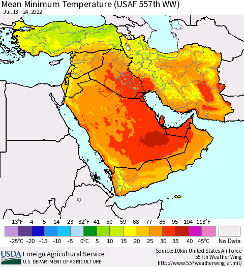 Middle East and Turkey Mean Minimum Temperature (USAF 557th WW) Thematic Map For 7/18/2022 - 7/24/2022