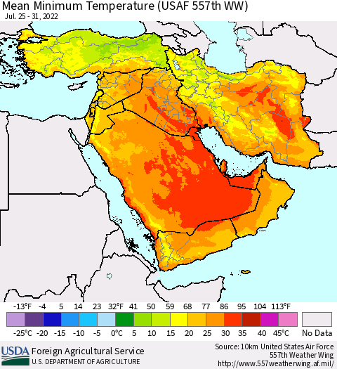 Middle East and Turkey Mean Minimum Temperature (USAF 557th WW) Thematic Map For 7/25/2022 - 7/31/2022