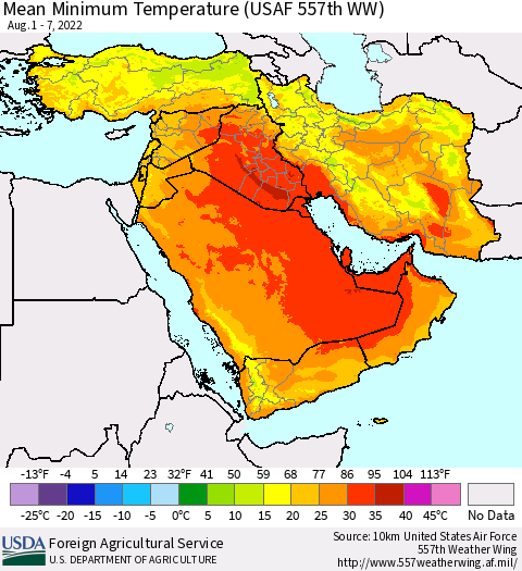 Middle East and Turkey Mean Minimum Temperature (USAF 557th WW) Thematic Map For 8/1/2022 - 8/7/2022