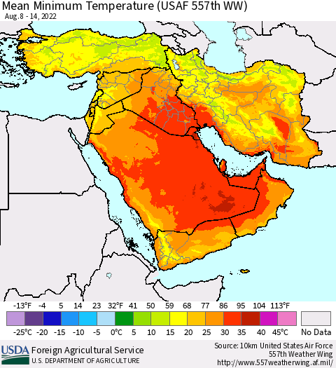Middle East and Turkey Mean Minimum Temperature (USAF 557th WW) Thematic Map For 8/8/2022 - 8/14/2022