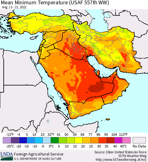 Middle East and Turkey Mean Minimum Temperature (USAF 557th WW) Thematic Map For 8/15/2022 - 8/21/2022
