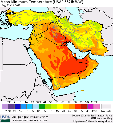 Middle East and Turkey Mean Minimum Temperature (USAF 557th WW) Thematic Map For 8/22/2022 - 8/28/2022