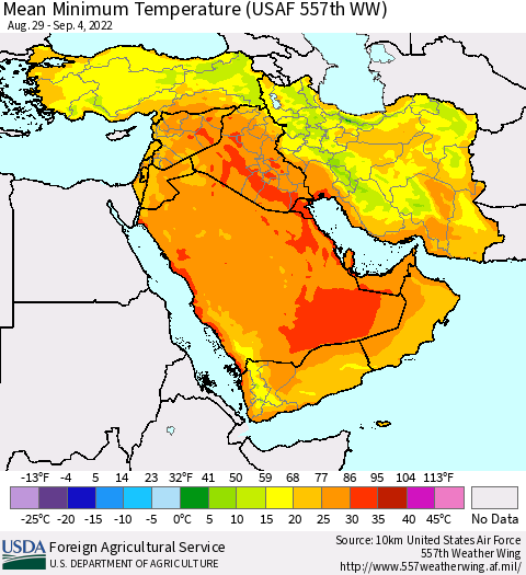 Middle East and Turkey Mean Minimum Temperature (USAF 557th WW) Thematic Map For 8/29/2022 - 9/4/2022