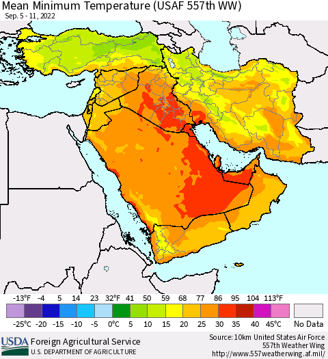 Middle East and Turkey Mean Minimum Temperature (USAF 557th WW) Thematic Map For 9/5/2022 - 9/11/2022