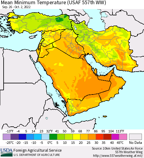 Middle East and Turkey Mean Minimum Temperature (USAF 557th WW) Thematic Map For 9/26/2022 - 10/2/2022