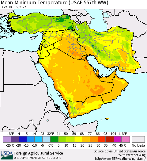 Middle East and Turkey Mean Minimum Temperature (USAF 557th WW) Thematic Map For 10/10/2022 - 10/16/2022