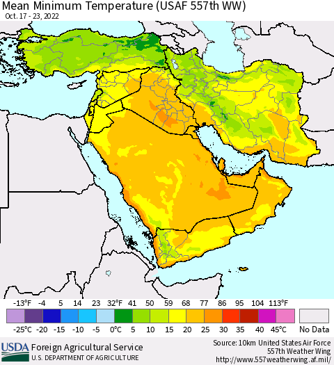 Middle East and Turkey Mean Minimum Temperature (USAF 557th WW) Thematic Map For 10/17/2022 - 10/23/2022