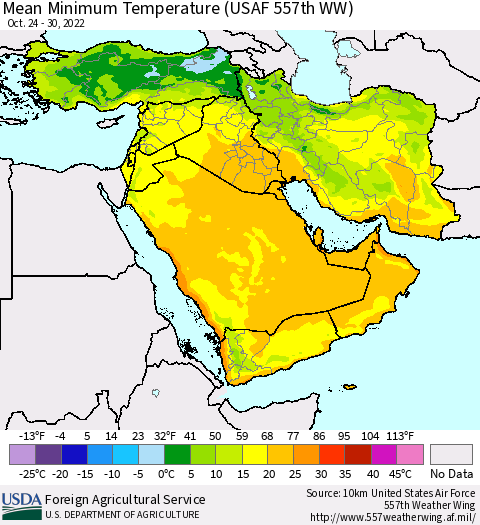 Middle East and Turkey Mean Minimum Temperature (USAF 557th WW) Thematic Map For 10/24/2022 - 10/30/2022