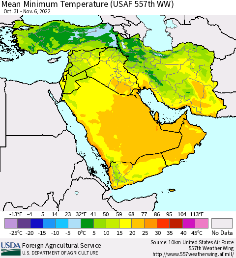 Middle East and Turkey Mean Minimum Temperature (USAF 557th WW) Thematic Map For 10/31/2022 - 11/6/2022
