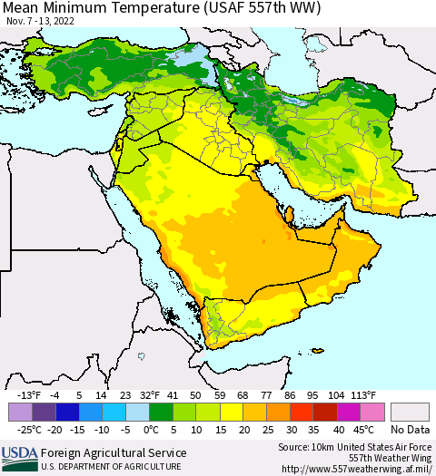 Middle East and Turkey Mean Minimum Temperature (USAF 557th WW) Thematic Map For 11/7/2022 - 11/13/2022