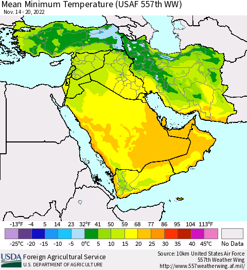 Middle East and Turkey Mean Minimum Temperature (USAF 557th WW) Thematic Map For 11/14/2022 - 11/20/2022