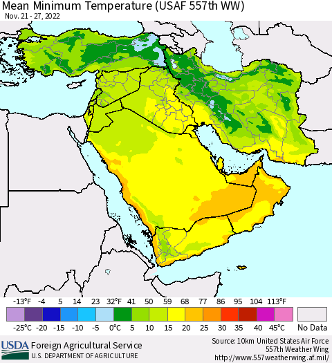 Middle East and Turkey Mean Minimum Temperature (USAF 557th WW) Thematic Map For 11/21/2022 - 11/27/2022