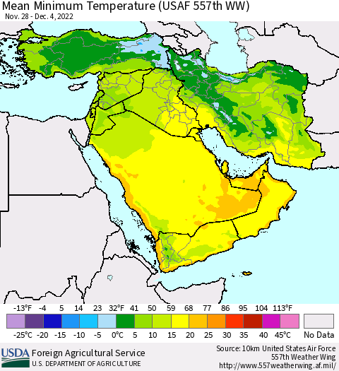 Middle East and Turkey Mean Minimum Temperature (USAF 557th WW) Thematic Map For 11/28/2022 - 12/4/2022