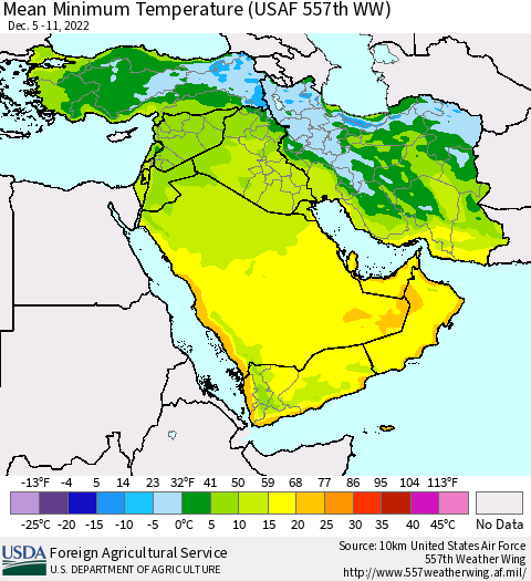 Middle East and Turkey Mean Minimum Temperature (USAF 557th WW) Thematic Map For 12/5/2022 - 12/11/2022