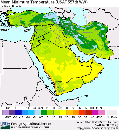 Middle East and Turkey Mean Minimum Temperature (USAF 557th WW) Thematic Map For 12/12/2022 - 12/18/2022