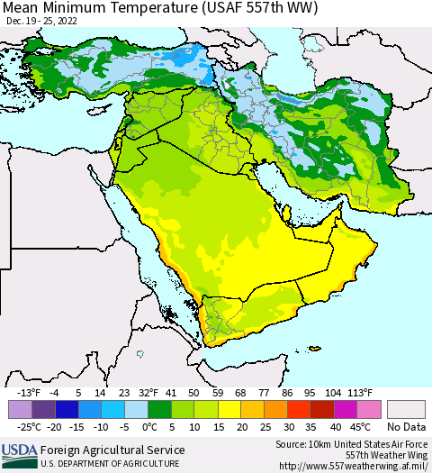 Middle East and Turkey Mean Minimum Temperature (USAF 557th WW) Thematic Map For 12/19/2022 - 12/25/2022