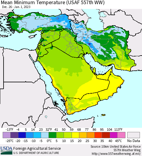 Middle East and Turkey Mean Minimum Temperature (USAF 557th WW) Thematic Map For 12/26/2022 - 1/1/2023