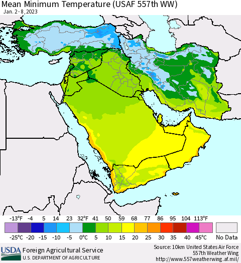 Middle East and Turkey Mean Minimum Temperature (USAF 557th WW) Thematic Map For 1/2/2023 - 1/8/2023