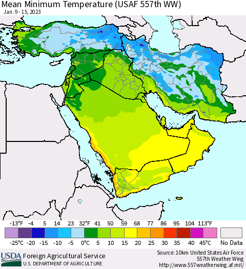 Middle East and Turkey Mean Minimum Temperature (USAF 557th WW) Thematic Map For 1/9/2023 - 1/15/2023