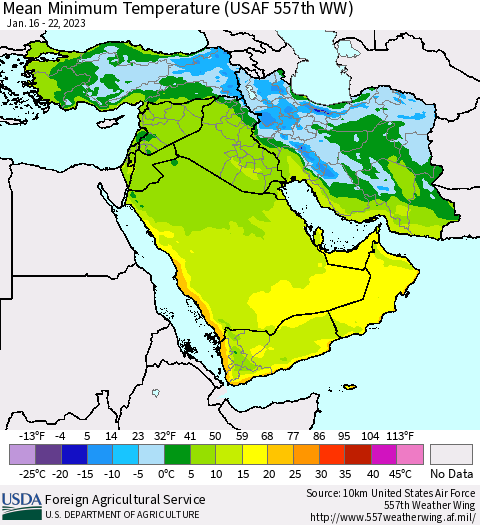 Middle East and Turkey Mean Minimum Temperature (USAF 557th WW) Thematic Map For 1/16/2023 - 1/22/2023