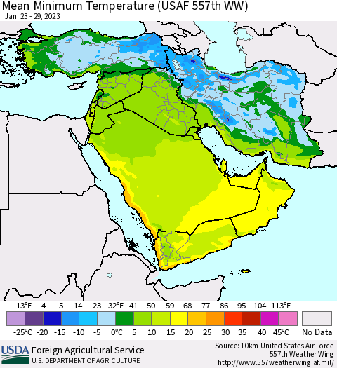 Middle East and Turkey Mean Minimum Temperature (USAF 557th WW) Thematic Map For 1/23/2023 - 1/29/2023