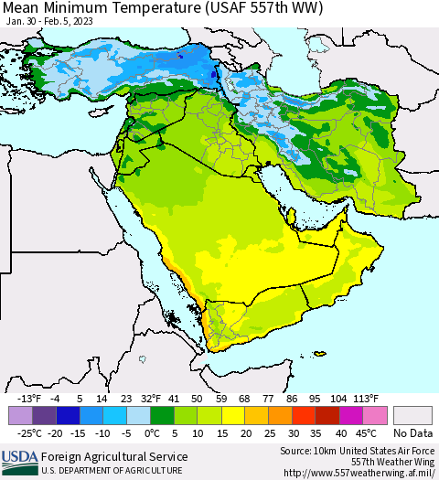 Middle East and Turkey Mean Minimum Temperature (USAF 557th WW) Thematic Map For 1/30/2023 - 2/5/2023
