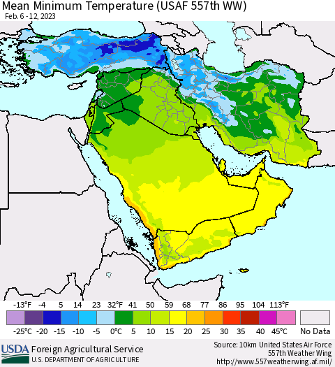 Middle East and Turkey Mean Minimum Temperature (USAF 557th WW) Thematic Map For 2/6/2023 - 2/12/2023
