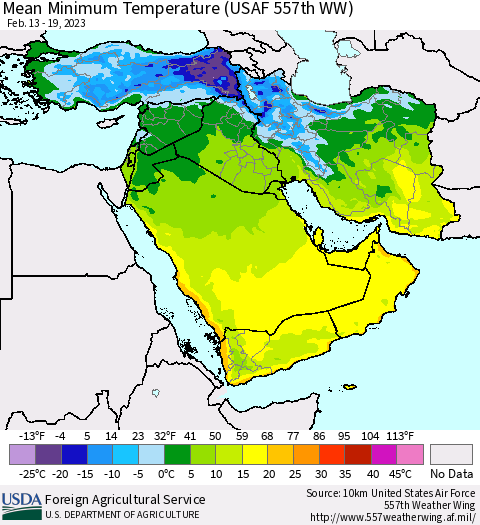 Middle East and Turkey Mean Minimum Temperature (USAF 557th WW) Thematic Map For 2/13/2023 - 2/19/2023