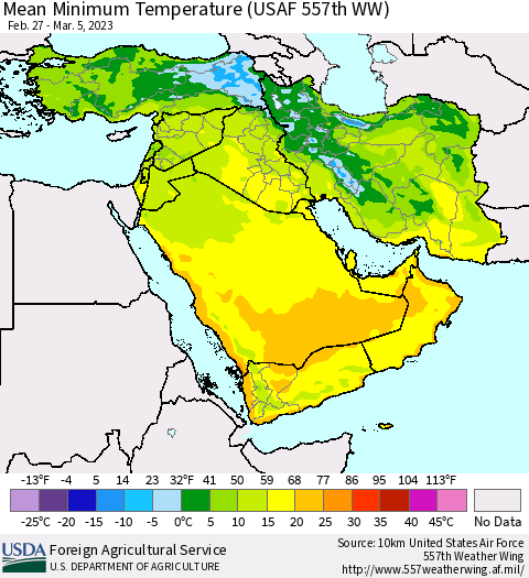 Middle East and Turkey Mean Minimum Temperature (USAF 557th WW) Thematic Map For 2/27/2023 - 3/5/2023