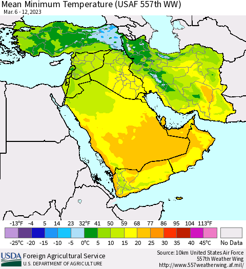 Middle East and Turkey Mean Minimum Temperature (USAF 557th WW) Thematic Map For 3/6/2023 - 3/12/2023