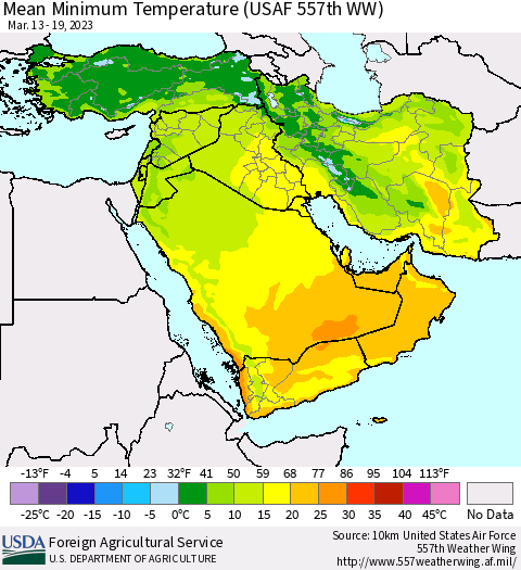 Middle East and Turkey Mean Minimum Temperature (USAF 557th WW) Thematic Map For 3/13/2023 - 3/19/2023