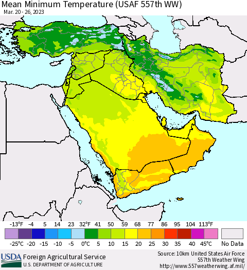 Middle East and Turkey Mean Minimum Temperature (USAF 557th WW) Thematic Map For 3/20/2023 - 3/26/2023