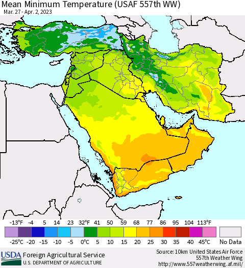 Middle East and Turkey Mean Minimum Temperature (USAF 557th WW) Thematic Map For 3/27/2023 - 4/2/2023
